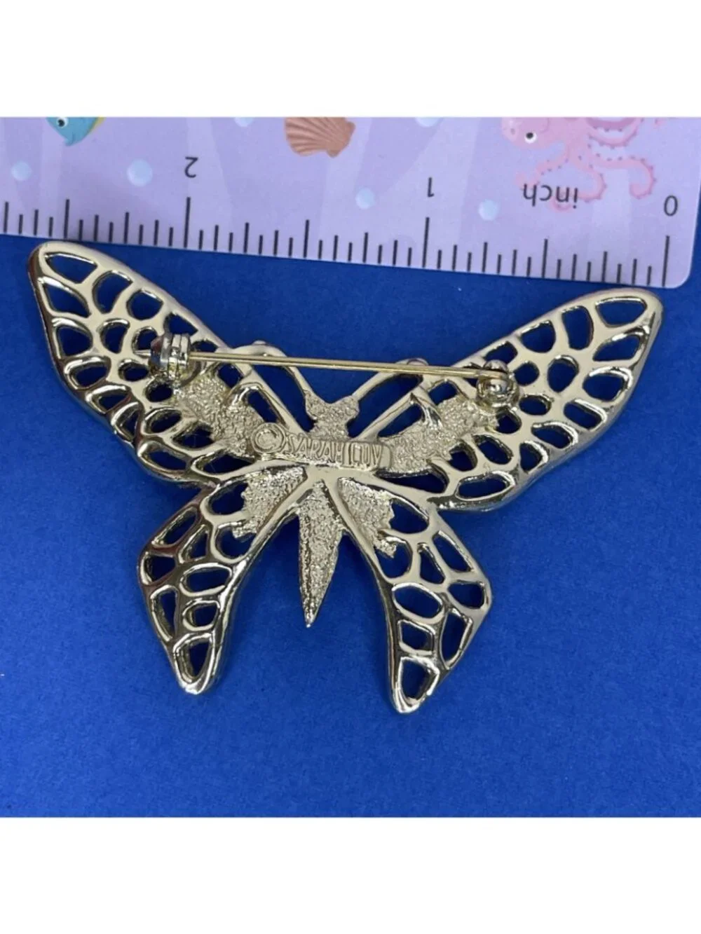 Vintage Signed SARAH COV Butterfly Brooch Gold-tone Open Work Textured Pin